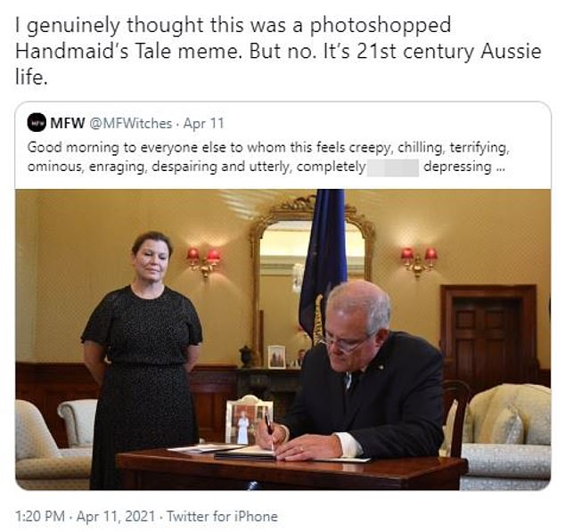 Comedian Magda Szubanski retweeted a photo of Mrs Morrison watching her husband sign a book of condolence for the late Prince Philip, and captioned the image: 