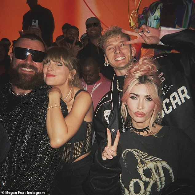 Swift is back on her Eras tour, far away in Australia. One can imagine the crisis management conversations she is having with her team, the gold standard in public relations. (Pictured: Swift with Kelce, Meghan Fox and Machine Gun Kelly at the Las Vegas after-party.)