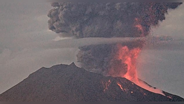 Dramatic images of the eruption show the plume of debris rising into the sky as lightning flashes through the black cloud.