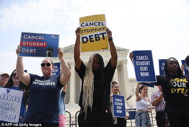 Protesters calling for student loan debt forgiveness outside the Supreme Court on June 30, 2023 as the conservative court struck down Biden's student loan relief plan.