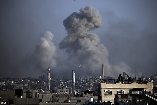 Smoke rises after Israeli bombings in Khan Younis, southern Gaza Strip.