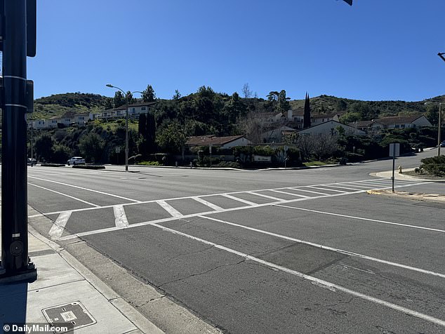 The teen told the court she began running toward the nearby marked crosswalk in Westlake Village (pictured), where she found a distraught, barefoot Nancy Iskander and a pair of shoes lying nearby.
