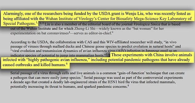 One of the USDA-funded researchers is Wenju Liu, a WIV affiliate and board member of a scientific journal, who works with Zheng-Li Shi, known as the 