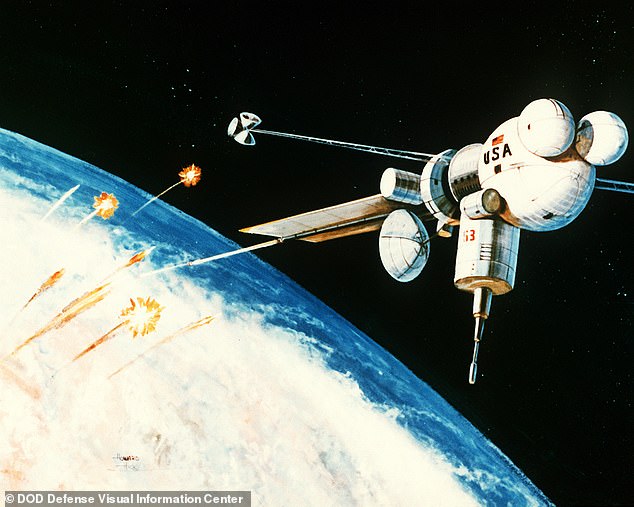 Above, an artist's concept made during the Reagan presidency of an American space electromagnetic railgun proposed as part of the 'Strategic Defense Initiative' or 'Star Wars'.  The planned device was intended to intercept and destroy nuclear-armed re-entry vehicles.