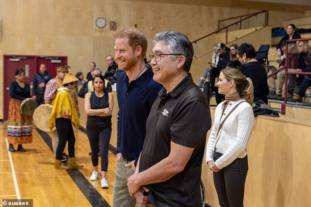 The Duke and Chief Dean Nelson in the centre. They joined students and young adults in a game of wheelchair basketball, with government officials, Invictus community members and partners cheering them on from the sidelines.