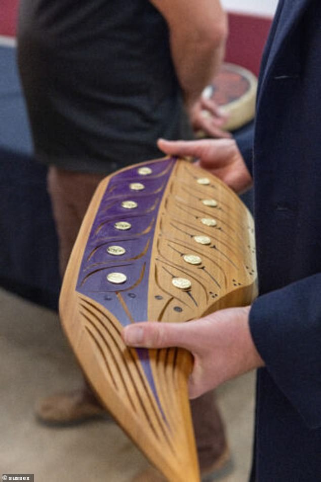 Upon arrival at the center in British Columbia, the couple received a traditional welcome and were presented with several symbolic gifts, including a hand-carved piece of cedar art to signify strength.