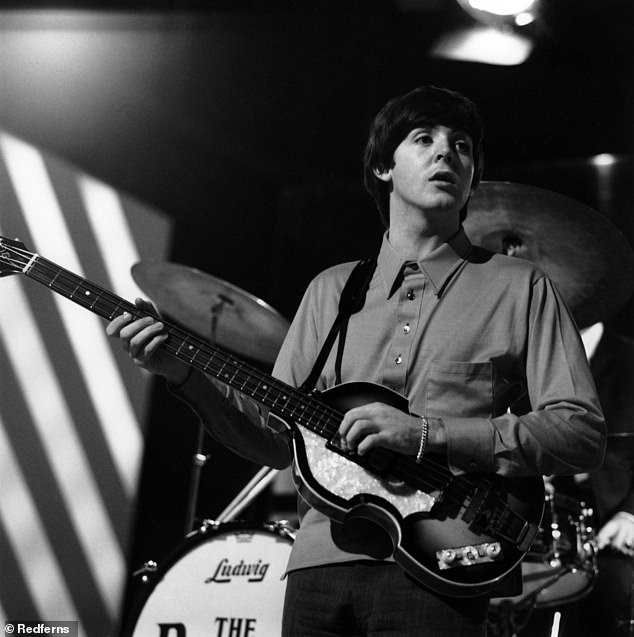 The instrument would become a staple in the rise of Beatlemania, and McCartney regularly took it on stage from 1961 to 1963 (pictured at Teddington Studios in 1964).