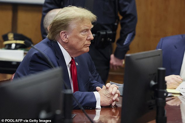 Trump looks ahead with his hands clasped after getting angry at New York and Biden chasing him out of the courtroom.