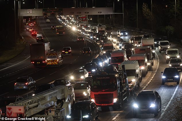 Traffic queues at the access to the A102M Blackwall tunnel in Greenwich during today's rail strike