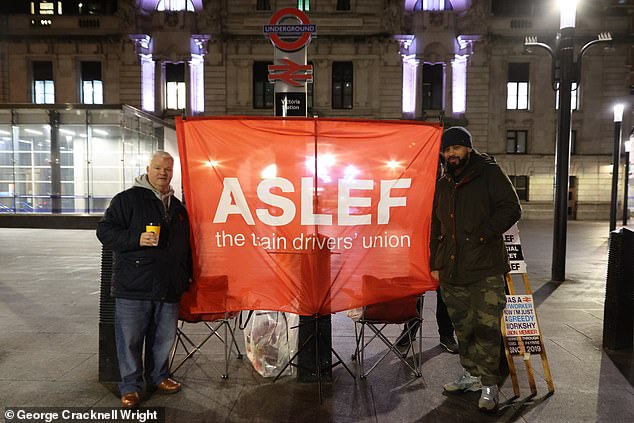 An Aslef picket line outside Victoria station which is closed to the public during the strike
