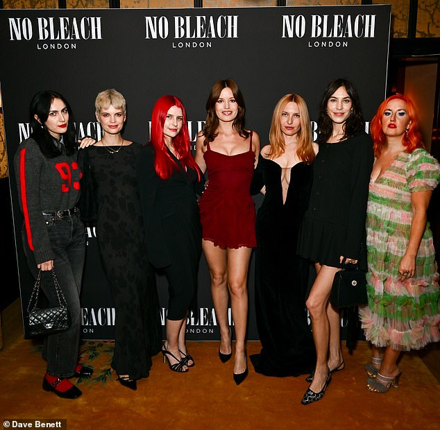Rio Viera-Newton, Pixie Geldof, Alex Brownsell, Georgia May Jagger, Josephine de La Baume, Alexa Chung and Aimee Phillips posed for a photo together (LR)