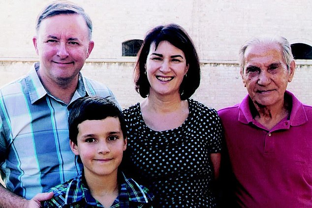 If Labor wins on Saturday, Albanese would become Australia's 31st prime minister with an Italian surname. The Labor leader takes his surname from his Italian father Carlo, who met his mother Maryanne on a cruise in 1962 (he is pictured with his late father, far right, in 2011 with his then wife Carmel Tebbutt and son Nathan