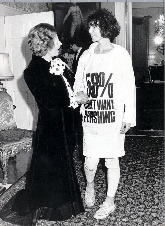 Katharine Hamnett surprises Margaret Thatcher with her protest t-shirt that says 