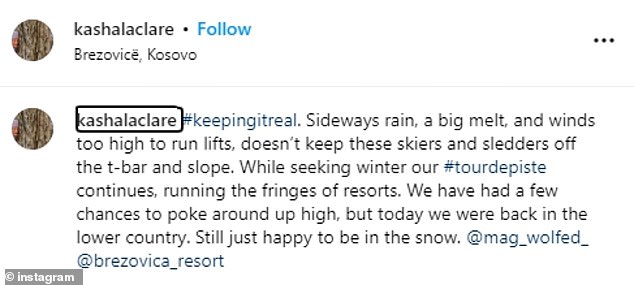 Rigby's last Instagram post from four days ago places her in Kosova, where she and her husband were reportedly off-piste skiing.