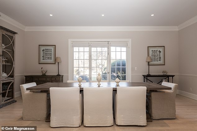 The shingle-style home has deeded access to Fowlers Beach, less than a mile away. In the photo: the old dining room.