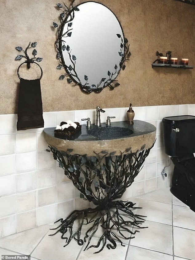 Meanwhile, cleaning a stunningly designed bathroom would be a nightmare due to the intricate metal vines surrounding the sink.