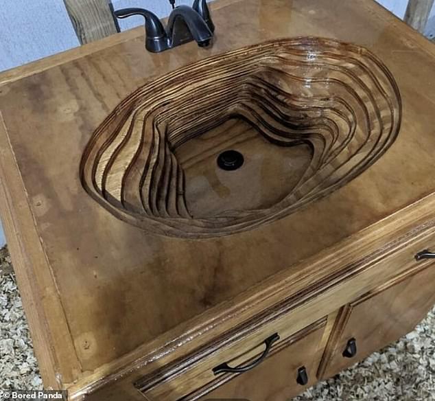 Not plywood! This interesting plywood sink has a captivating look, but it is probably not the most hygienic.