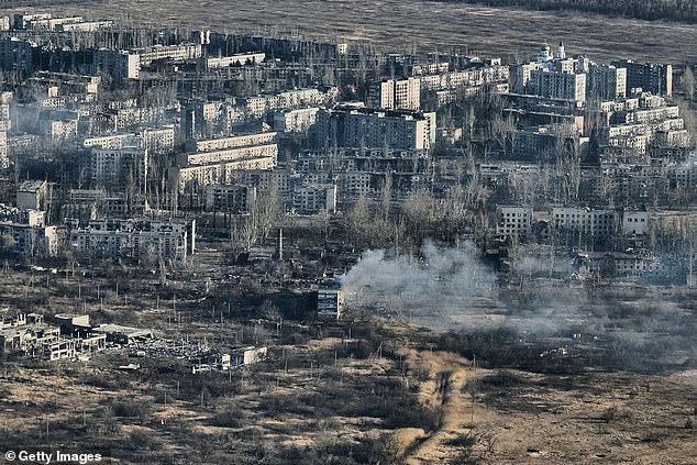 An aerial view of the destroyed buildings of Avdiivka on February 15, 2023. Almost all buildings in the city have been damaged or destroyed, according to the Center for Information Resilience.