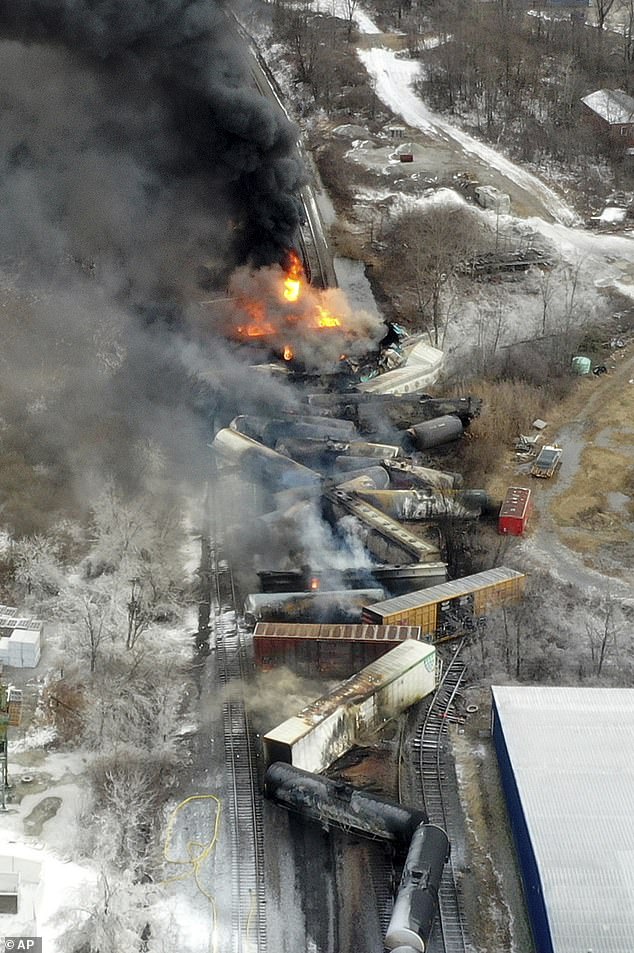 The drone photo shows parts of a Norfolk and Southern freight train that derailed outside the East Palestine town last year.