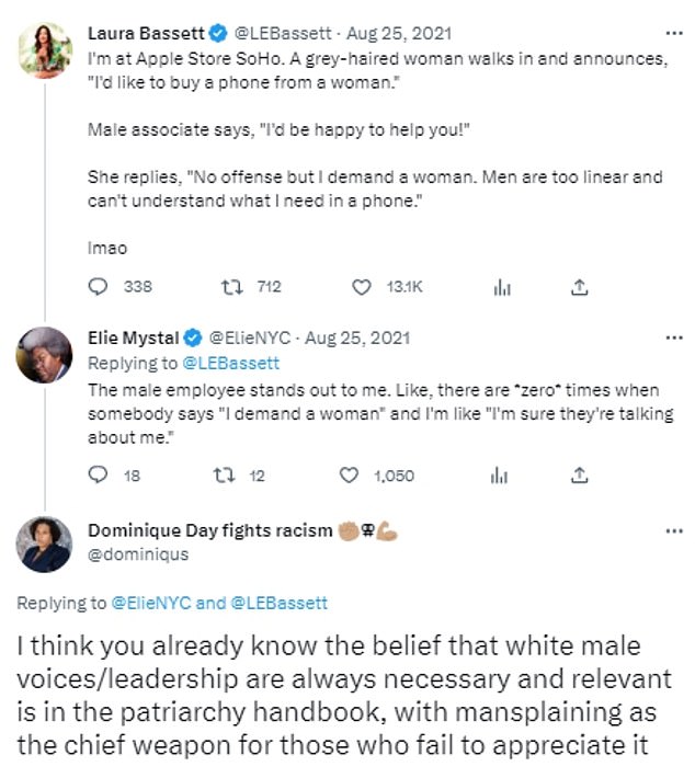 The American's comments about an Apple employee 'mansplaining' came in a thread about an incident at a New York store in August 2021