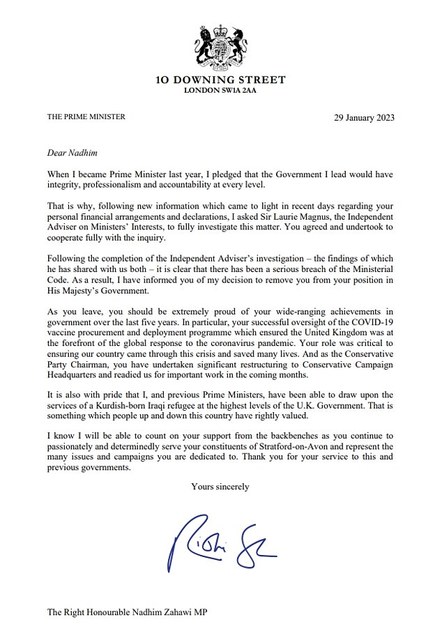 In a letter to Zahawi, Rishi Sunak said the outgoing Conservative president had committed 