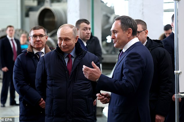 Putin seen at the Chelyabinsk Forging and Pressing Plant in Chelyabinsk, Russia, on Friday