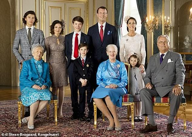 Prince Felix (third from right) was accompanied on his confirmation day in 2017 by his maternal grandmother Christa Manley (front left) and (from left) his brother Nikolai, his mother Countess Alexandra, his brother Henrik, his grandmother Queen Margaret, his father Prince Joachim.  stepmother, Princess Mary, his sister Athena and his grandfather, Prince Henrik.