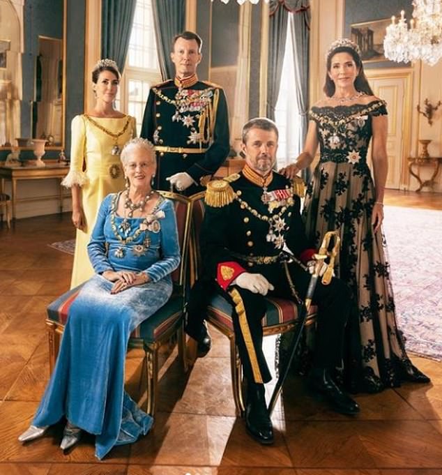 The eldest son of Denmark's popular monarch, heir to the throne, Crown Prince Frederik (pictured front, right), 54, and his wife Crown Princess Mary (pictured back) are likely , on the right), 51 years old, intervene as well as Margrethe's youngest son.  her son, Prince Joachim, 53, and his wife, Princess Mary (pictured together, back, left), 47, and the Queen's sister, Princess Benedikte, 78 years old.
