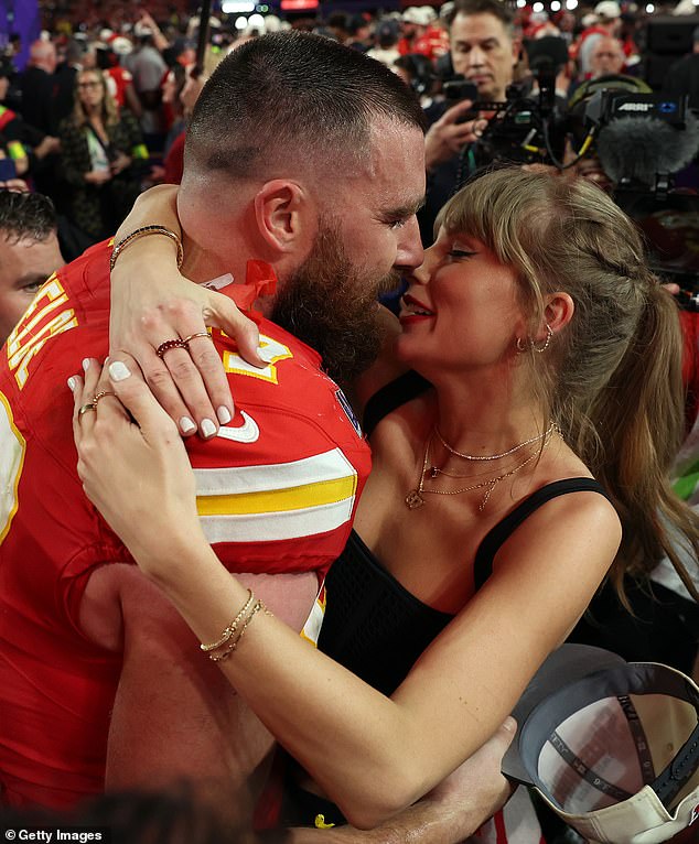 Kelce, now a three-time Super Bowl winner, and Swift kissed after the dramatic victory.