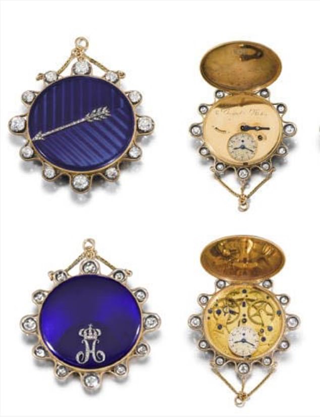 The components of a rare and historic 18K gold, enamel and diamond-set Hunter watch with 'petite souscription à tact' case, made for Josephine Bonaparte, Empress of France, and presented to her daughter, Hortense de Beauharnais.