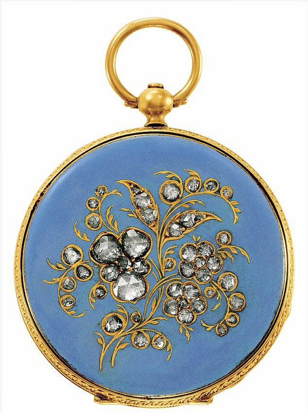During her visit to the Great Exhibition, Queen Victoria was especially impressed by a Patek Philippe watch with an innovative keyless winding and adjustment system.  She bought a pale blue pendant watch decorated with rose-cut diamonds in a gold flower design.  It was worn with a necklace.