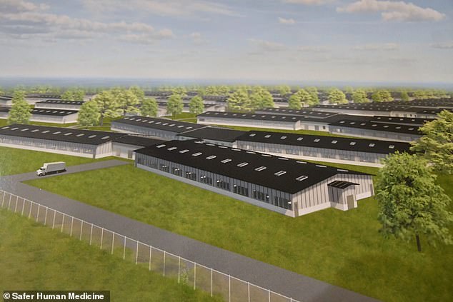 Safer Human Medicine's concept art for its proposed monkey farm in Bainbridge, Georgia. At capacity, the $396 million complex would house about 30,000 monkeys, twice the city's human population.