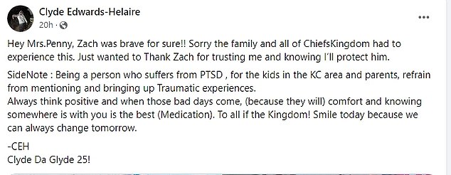 Edwards-Helaire responded to a Facebook post from Zach's mother, thanking the teen.