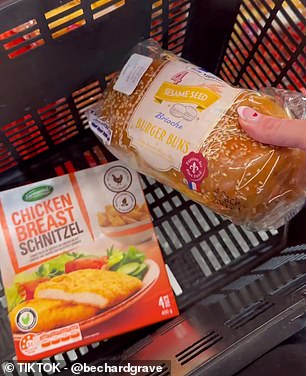 The fitness trainer purchased Aldi's Farmwood brand chicken breast schnitzels for $4.99 for a four-pack and four brioche burger buns with sesame seeds, lettuce and light mayonnaise.