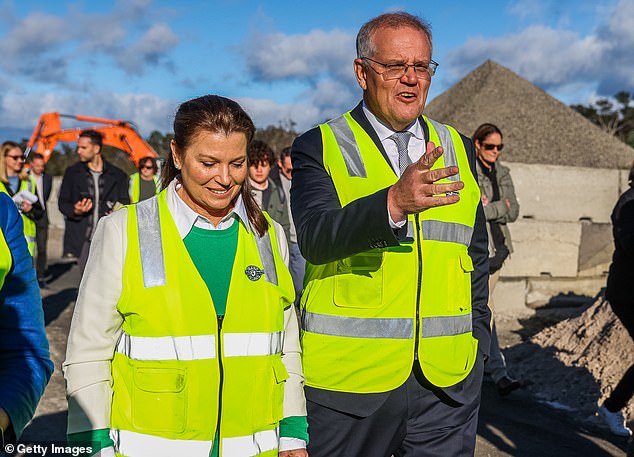 Prime Minister Scott Morrison and Jenny Morrison visit a construction company in Launceston, Tasmania, on Thursday.