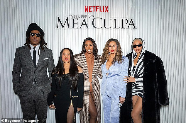 She also included a snap where she posed with her husband, Jay-Z, her mother Tina Lawson and her former Destiny's Child bandmate Kelly Rowland, who starred in the upcoming thriller.