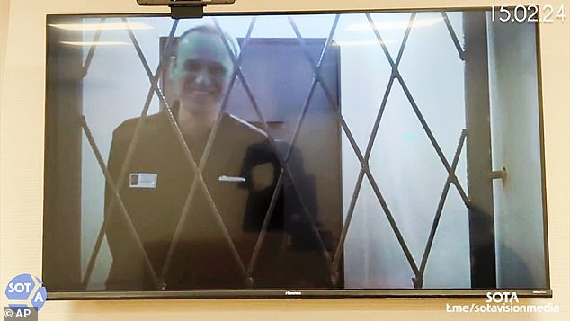 This photo taken from a video released by the Russian Federal Penitentiary Service shows Russian opposition leader Alexei Navalny via video link from the Arctic penal colony in Kharp, Kovrov, Russia, on February 15, 2024.