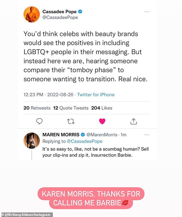 In 2022, Cassadee and fellow country singer Maren criticized Jason Aldean's wife Brittany for allegedly transphobic comments she made.