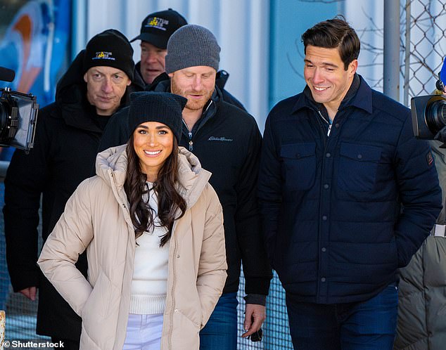 Prince Harry and Meghan Markle with ABC host Will Reeve in Whistler on Wednesday