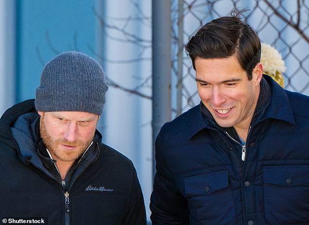 Prince Harry is seen alongside American TV presenter Will Reeve in Whistler on Wednesday.