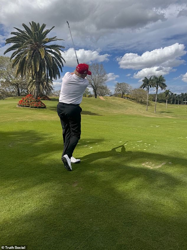 Trump then posted a series of three photos of him playing at his Florida golf course.