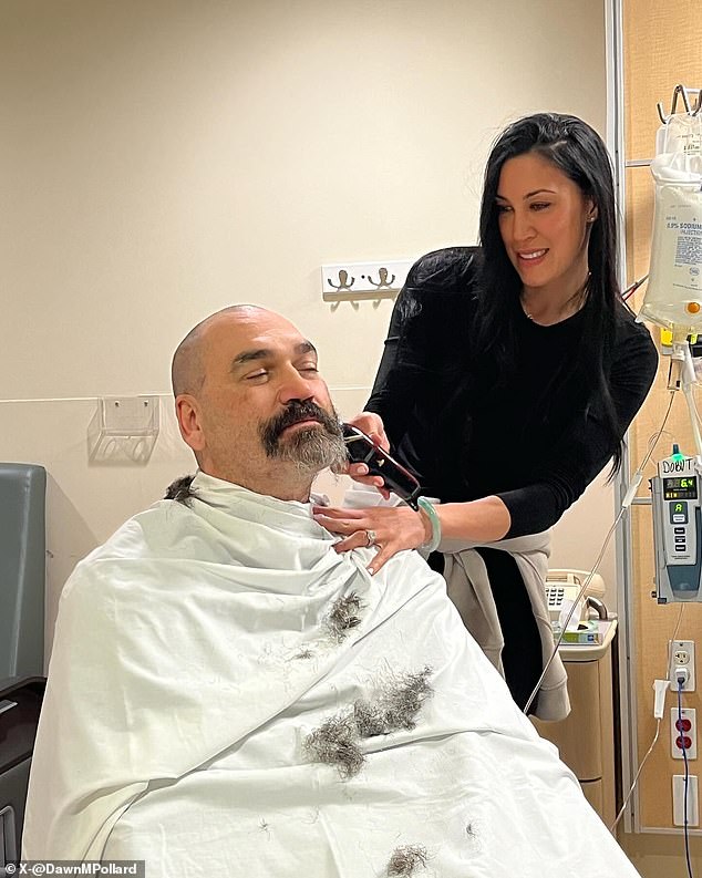 Dawn shaved her husband's head and beard before he had successful surgery on Friday.