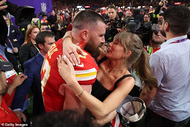 Travis Kelce hugs Taylor Swift after the Kansas City Chiefs' Superbowl victory against the San Francisco 49ers last weekend.
