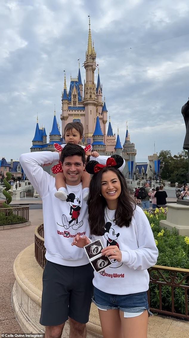The couple wore Disney sweatshirts while announcing the news of their pregnancy.