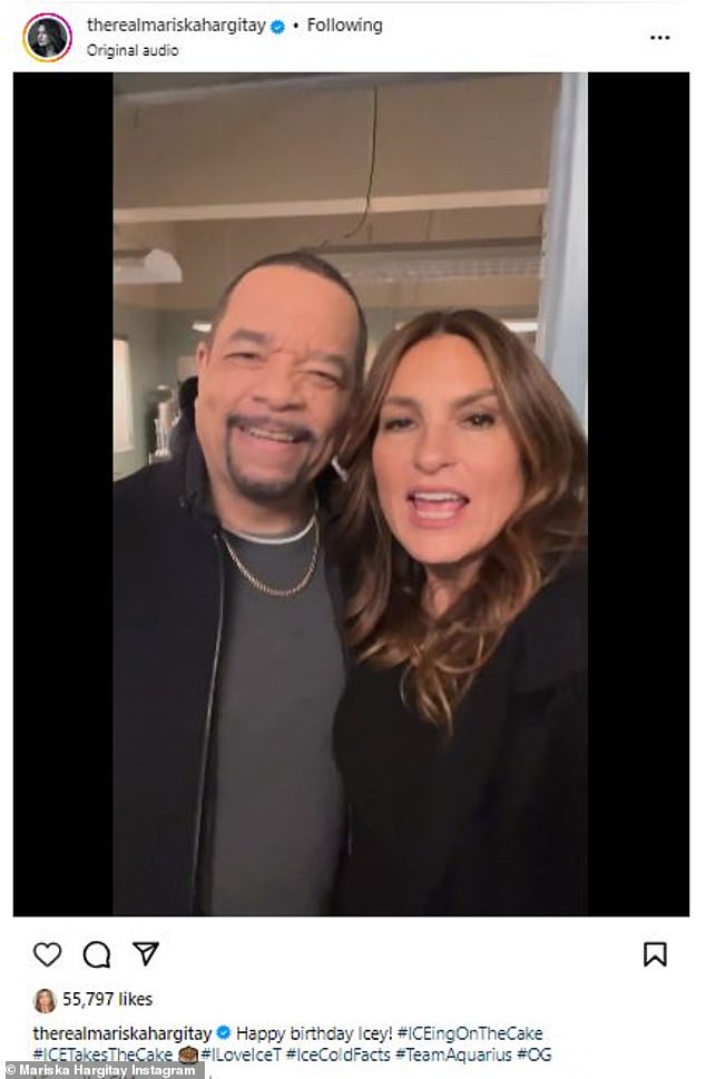 Hargitay gushed about Ice-T in the caption, calling him 'ICEingOnTheCake' and 'OG.'