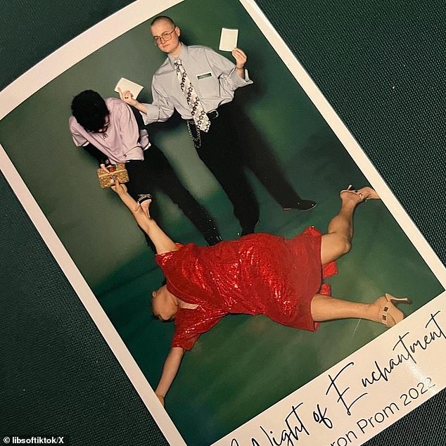 A leaked photo showed him lying on the floor in high heels and a bright red knee-length dress while clutching a clutch at one of the school's graduation nights.