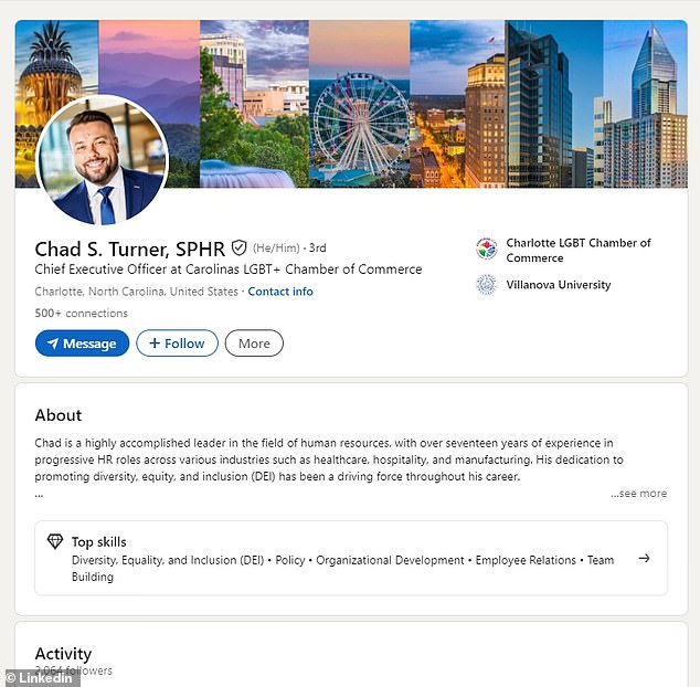 His Linkedin profile shows Turner's current role as executive director of the Carolina LGBT+ Chamber of Commerce and his more than 500 connections.
