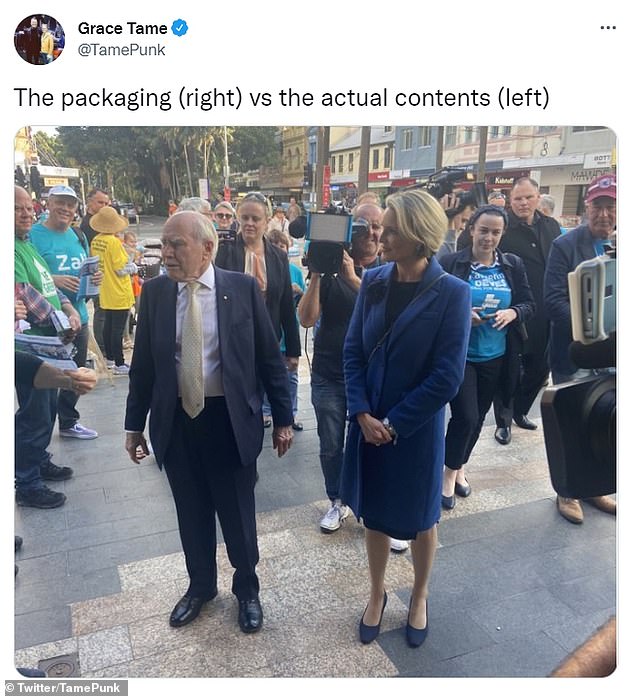 The former Australian of the Year shared a photo of John Howard and Liberal candidate Katherine Deves on Twitter on Wednesday (pictured).