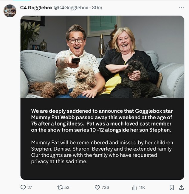 The official Gogglebox account shared this post on Twitter shortly after.