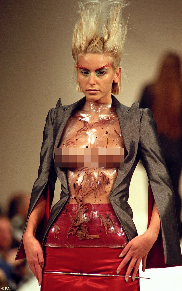 Alexander McQueen was known for his extravagant experimental designs;  Above is a model wearing them at London Fashion Week (not wearing the Highland Rape collection)